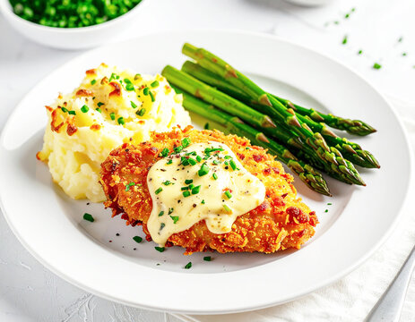 Breaded chicken cutlet, mashed potato and asparagus, white plate.