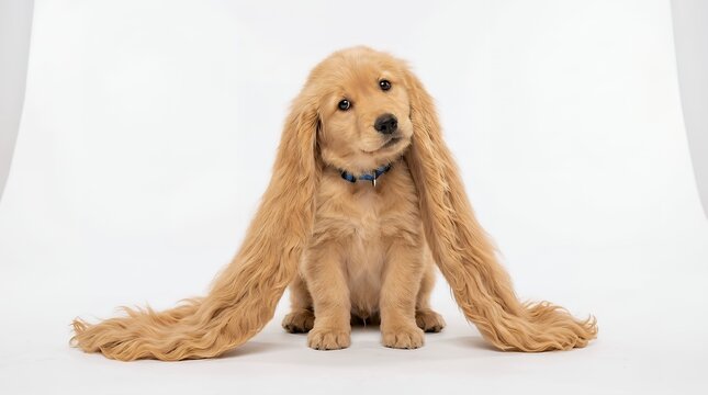 Funny Golden Retriever Puppy with Extra Long Hair on White Background