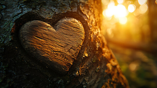 Carved Wooden Heart Embedded in Tree Bark with Golden Sunlight.
