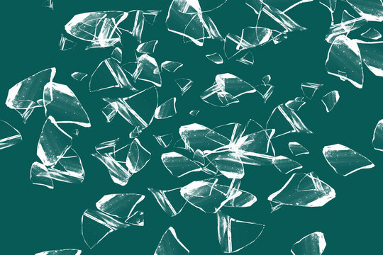 Shattered glass pieces flying on teal background representing broken fragments of material.
