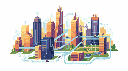 Obraz premium Abstract illustration of a futuristic interconnected smart city with digital nodes and clean energy sources