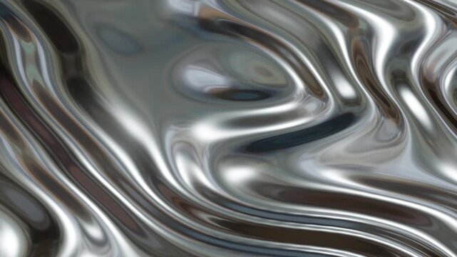 Silver liquid metal dynamic animation,  shiny chrome metallic waves 3D render 4k animation.
