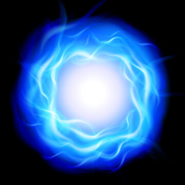 Blue glowing fireball icon on black background, 3D vector illustration.
