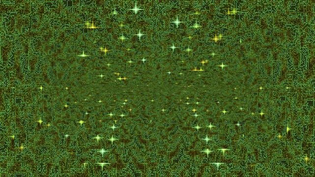Abstract green circuit board pattern with glowing stars creating a digital network effect technology background design with microchip structure