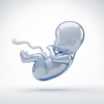 A small human fetus developing inside the womb showing the umbilical cord and natural body shape