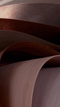 Flowing wooden ribbons create an elegant abstract architectural composition with warm lighting and sculptural depth.