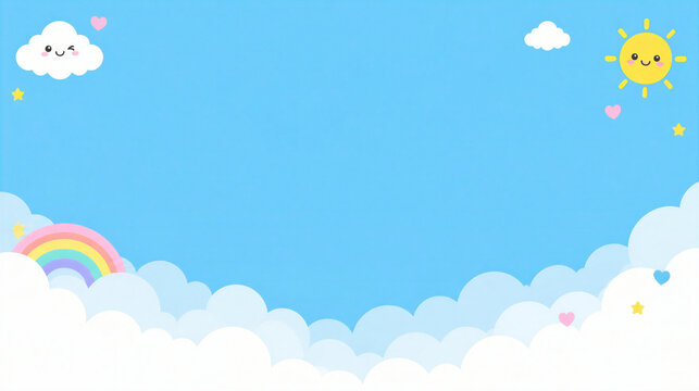 Cute cartoon sky background with smiling sun clouds and rainbow for kids banner template