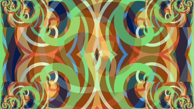 Abstract kaleidoscope fractal pattern with swirling lines and curves in vibrant teal gold and copper tones creating dynamic symmetry