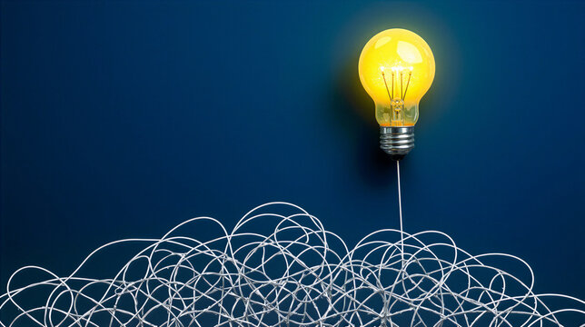 Glowing light bulb rising from tangled messy wire, creative problem solving concept, finding a simple solution to a complex business challenge