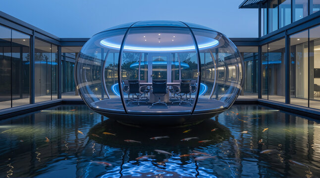 Futuristic floating glass meeting pod above reflective water showcasing innovative smart office architecture
