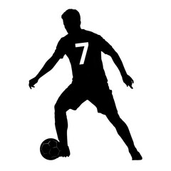 Obraz premium Soccer player with number seven jersey dribbling ball during game isolated on transparent background