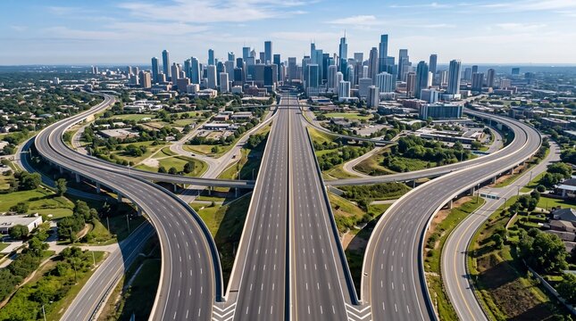 Wide aerial view of a massive modern multi lane highway intersection during a bright day