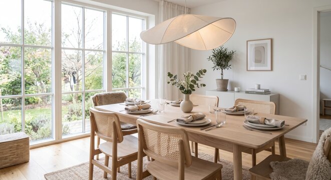 Scandinavian dining room modern interior design with natural light and minimalist decor