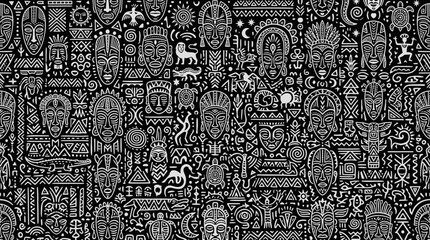 Obraz premium Intricate African Tribal Masks Pattern with Animals and Symbols on Black Background, Black and White Line Art