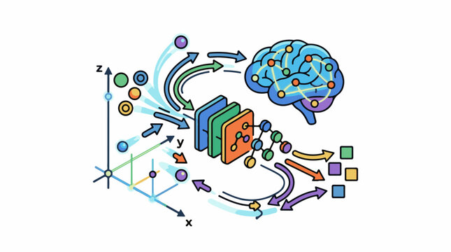 Abstract illustration of a neural network processing data from input to output