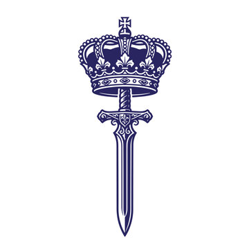 A dark blue featuring an ornate royal crown positioned above a detailed medieval sword with filigree patterns, t-shirt poster isolated on a white background, heraldic or fantasy branding