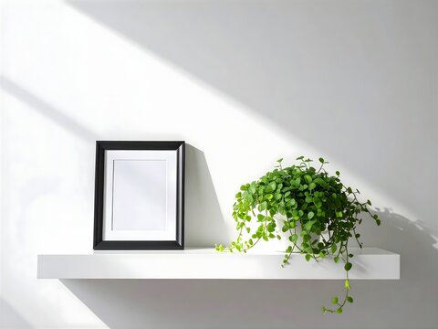 Shelf with picture frames and potted plant in front of an empty, neutral white wall.