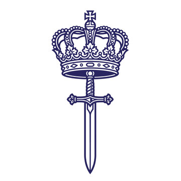 A dark blue of a royal crown resting on of a sharp medieval sword, isolated on a white background, featuring clean lines and a symmetrical composition for heraldic emblem t-shirt poster