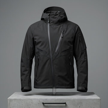 Jacket in sleek black techwear design with waterproof hood and zippers placed on concrete pedestal, modern outdoor apparel for tactical fashion, weather protection, winter, and urban exploration.