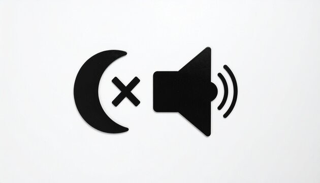 Crescent moon, mute symbol, and speaker icon, representing nighttime silence and restful tranquility.