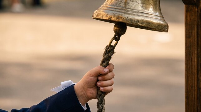 Small child hand pulling a rope to ring a traditional vintage brass bell for knowledge day academic year opening ceremony