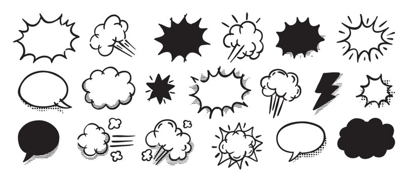 Comic speech bubble and explosion element set. Hand drawn vintage sketch line art with cartoon speech bubbles, burst frames, clouds, lightning, and motion effects. comic design vector illustration