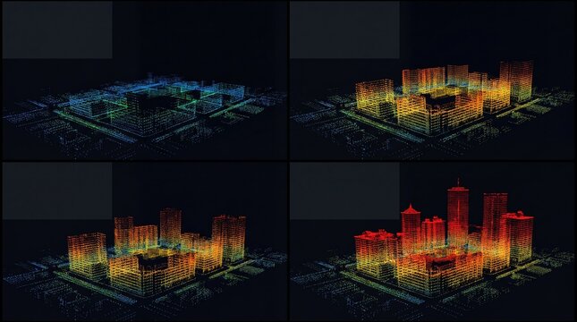 3D point cloud visualization of urban city block development with colored elevation