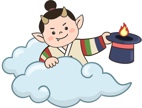 구름 위에서 마술 모자로 장난을 치는 귀여운 꼬마 도깨비 캐릭터