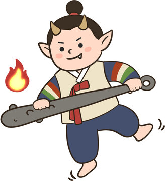 도깨비불과 함께 커다란 방망이를 휘두르는 귀여운 꼬마 도깨비 캐릭터