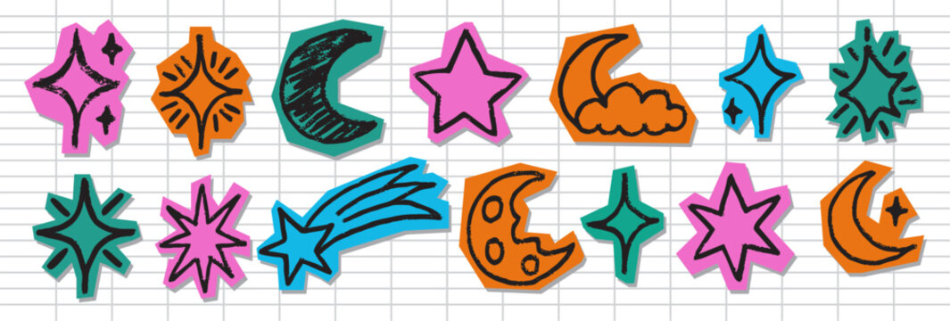 Colorful celestial scrapbook sticker set with hand drawn crayon line art featuring stars, moons, comets, and sparkles. Cute vintage sketch style for journals, planners, crafts, and vector illustration