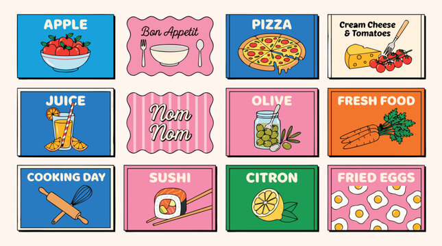 Collection of colorful food and drink illustrations with text labels and borders