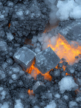 Raw zircon gemstone burning with bright orange flames. Natural crystal mineral igniting under high heat for jewelry design testing.