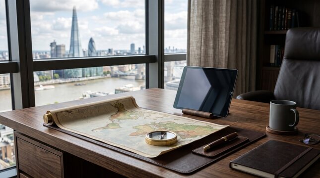 An antique world map with a metal compass and a modern digital tablet on desk