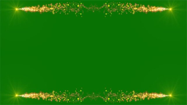 Golden particles moving luxury glittering on frame border, golden glitter light trail, Rectangular frame with shimmering golden star particles glittering movement on a green background, 4k