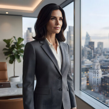 : Businesswoman wearing formal grey tailored suit standing near panoramic office window looking at city skyline during sunset transition for corporate leadership and executive finance career backgroun