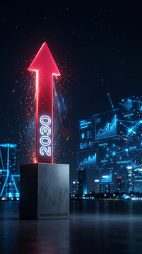 Neon red arrow pointing up labeled 2030 on pedestal with data visualization, symbolizing future progress, innovation, and success
