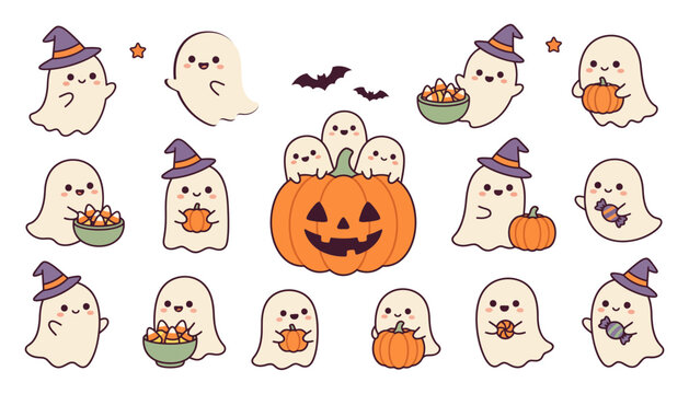 Cute cartoon ghosts set with pumpkins and halloween treats halloween collection character celebration decoration graphics friendly