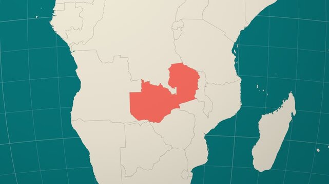 Zambia map. Animated zoom into the country on the Globe in Teal Pale Mint color palette. Country logo animation. Map with meridians, parallels. Awesome video.