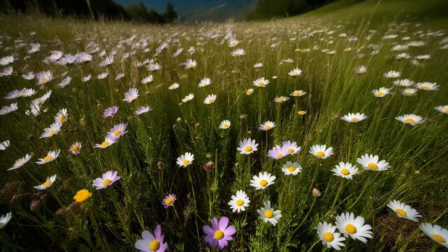 Wildflower terrain timelapse petals swaying gently cloud shadows shifting across vibrant meadow