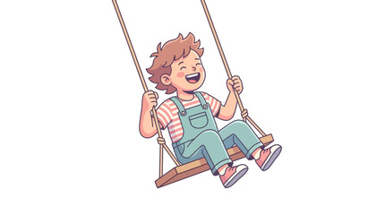 Cheerful young boy in denim overalls laughing while swinging on a wooden rope swing, simple clean cartoon vector illustration isolated on a white background