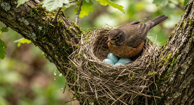 Brown robin bird sitting on nest with turquoise eggs in oak tree fork during spring season.