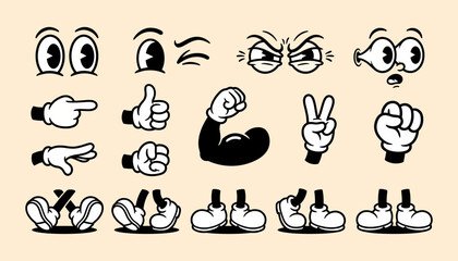 Fototapeta premium Retro cartoon character body parts elements set with character expression illustration animation collection humanoid pointing