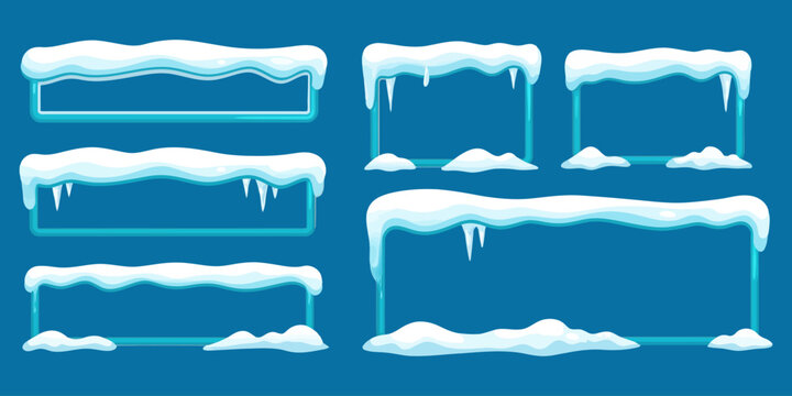 Winter frozen sign frames and decorative banners with snowy borders and icicles christmas background elements collection snowfall