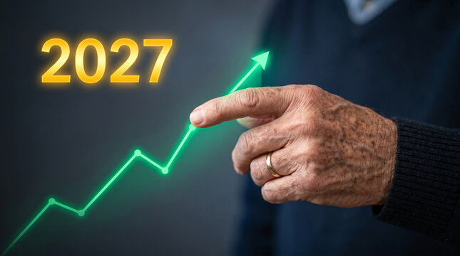 Elderly hand points to a glowing green arrow on a graph, symbolizing financial growth in 2027, representing foresight and future success