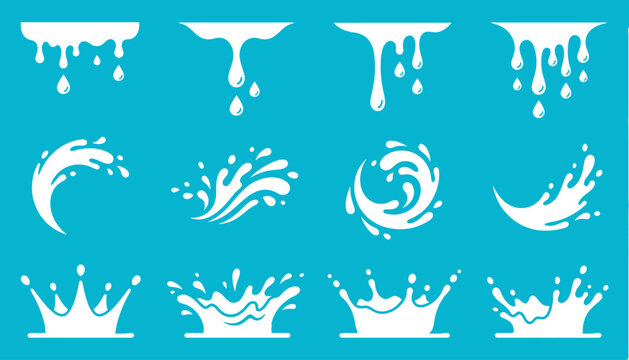 Set of white liquid splashes and drips on blue background design elements with abstract collection movement isolated background