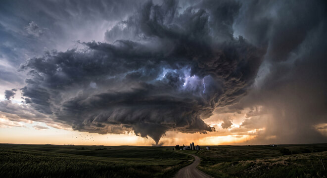 Massive, dramatic supercell storm cloud with lightning hovering over a desolate rural farm landscape at dusk.