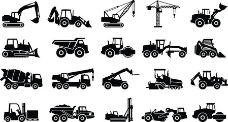 Obraz premium Construction Machinery Silhouettes Collection of Heavy Equipment Vehicles for Industrial Projects
