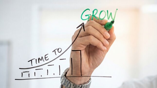 Hand writing TIME TO GROW text with bar graph and upward arrow on glass, business growth concept
