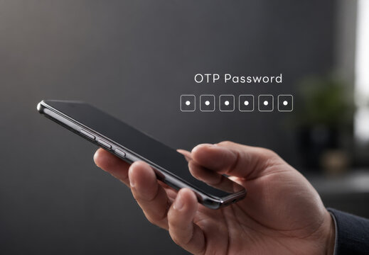 Hand holding smartphone with OTP password graphic for two factor authentication secure login verification process cybersecurity and mobile banking transaction safety concept 