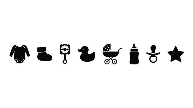 Minimalist baby care and toy silhouette banner, newborn bodysuit sock rattle rubber duck pram and feeding bottle vector illustration.